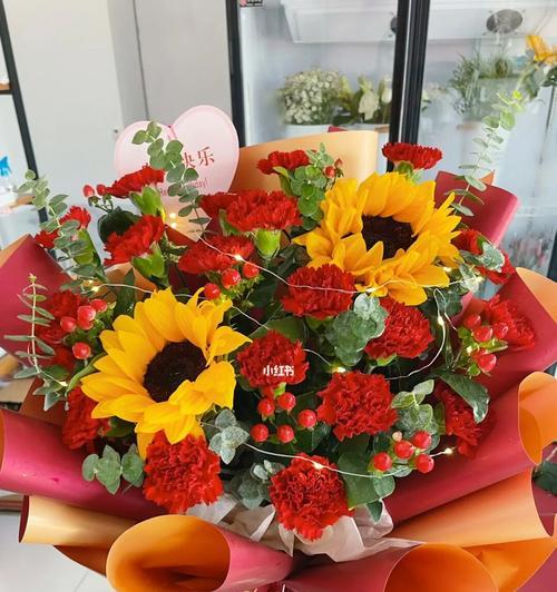 八朵康乃馨加一朵向日葵的花语是什么？这种组合花束有何特殊意义？